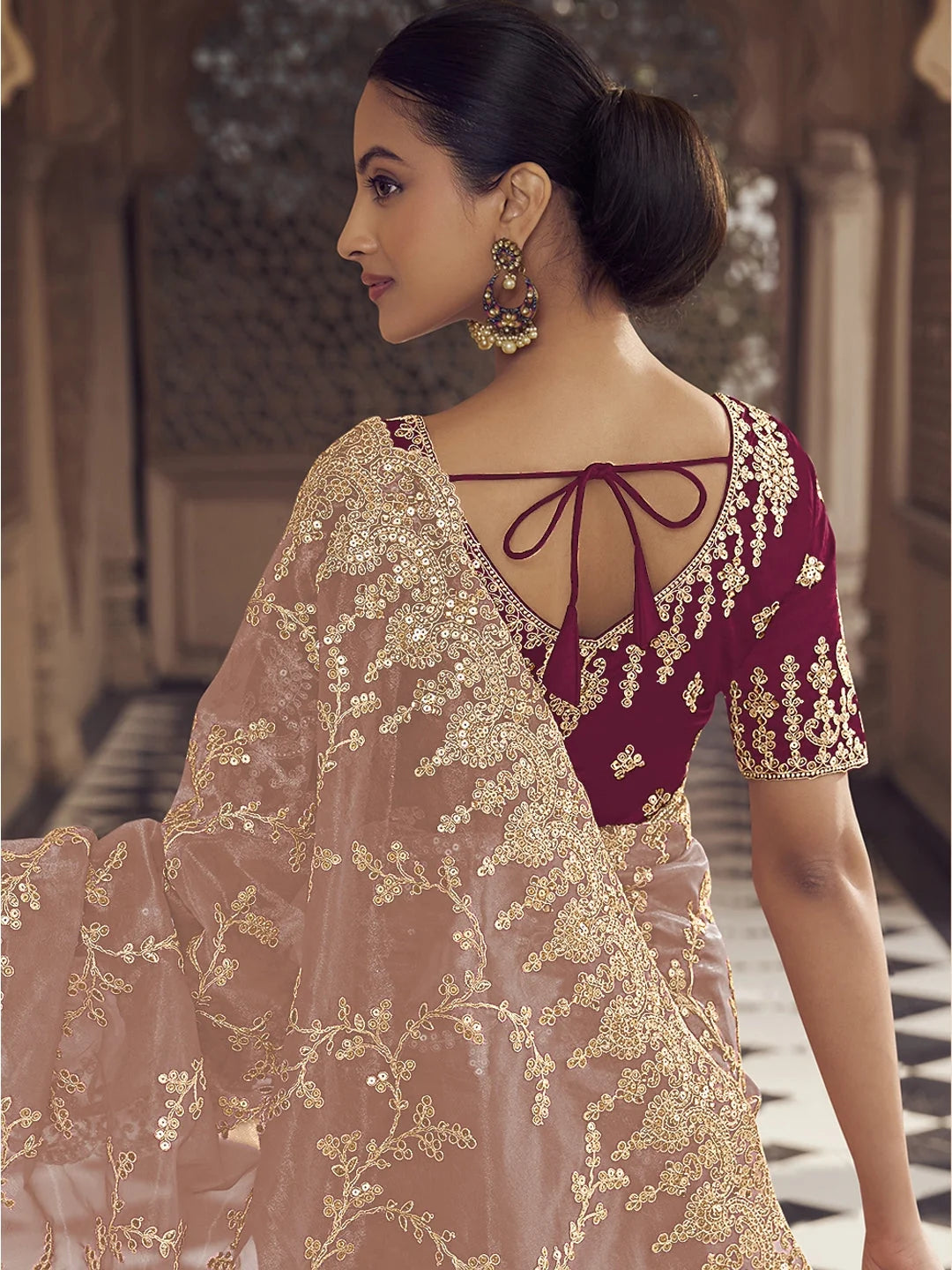 Peach Polyester Saree - Indian Sarees Designer Collection