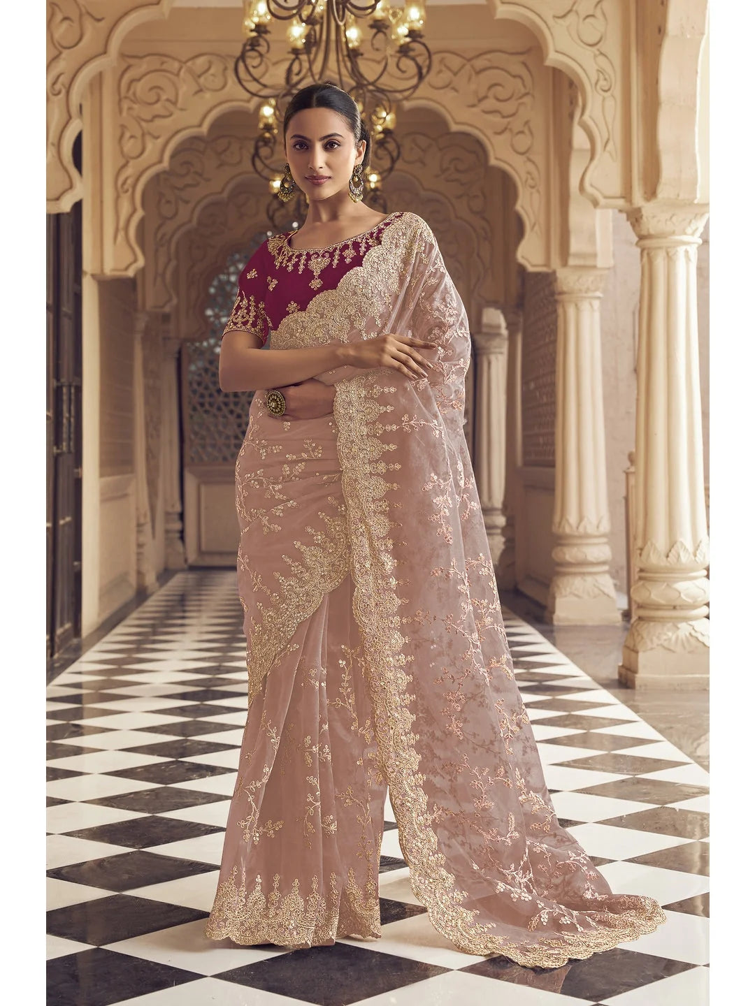 Peach Polyester Saree - Indian Sarees Designer Collection