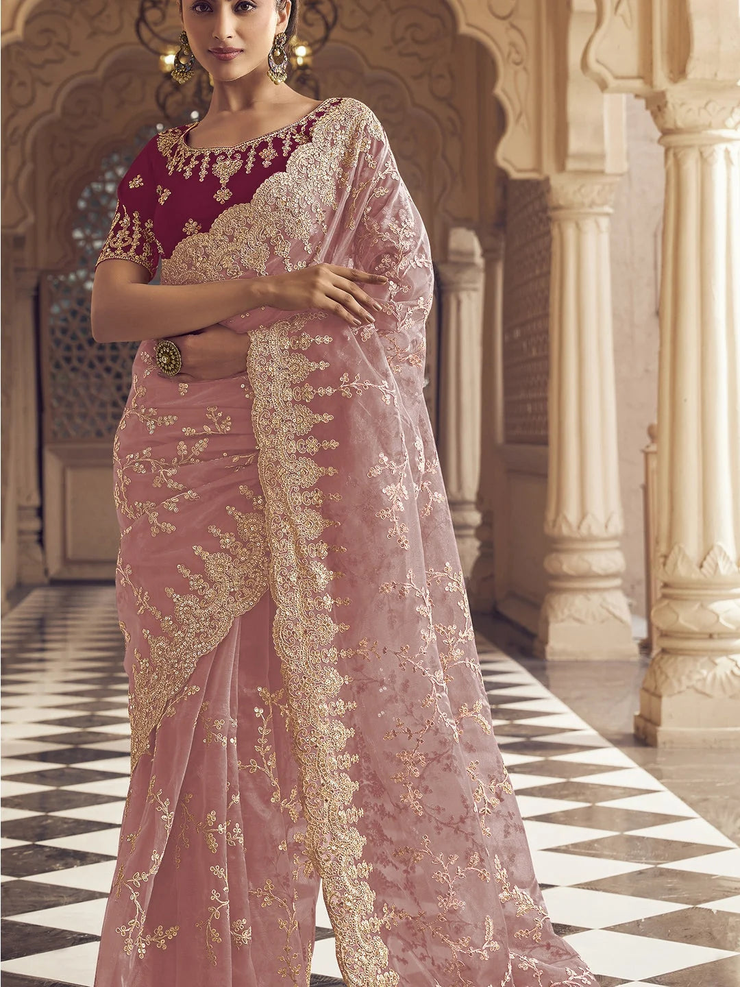 Pink Polyester Saree | Indian Sarees for Women