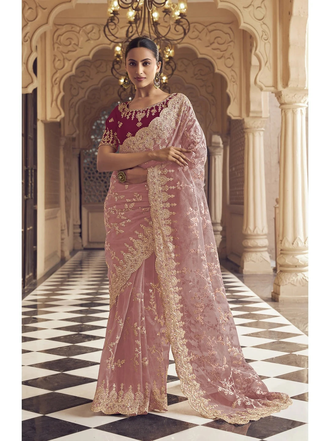 Pink Polyester Saree | Indian Sarees for Women