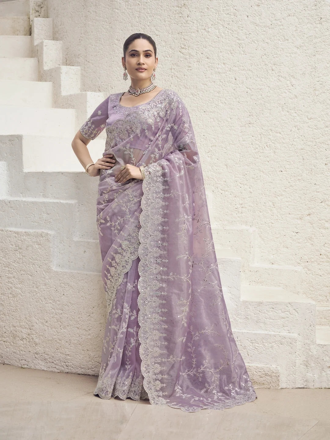 Lavender Paisley Polyester Saree | Indian Sari Elegance
