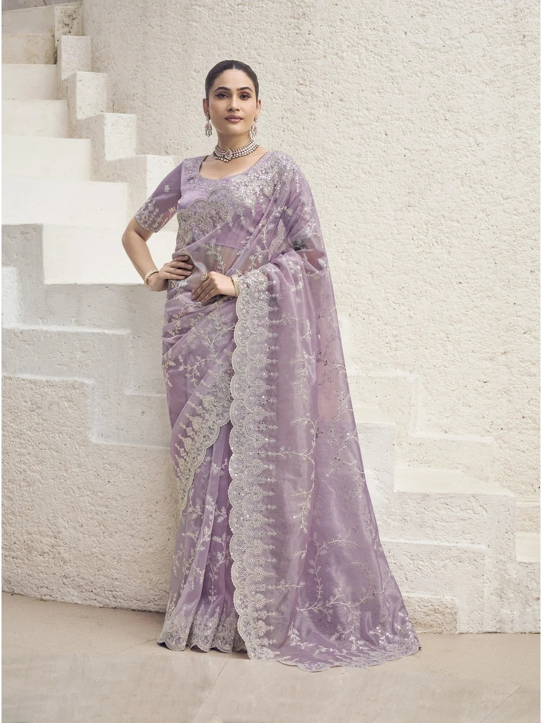 Lavender Paisley Polyester Saree | Indian Sari Elegance
