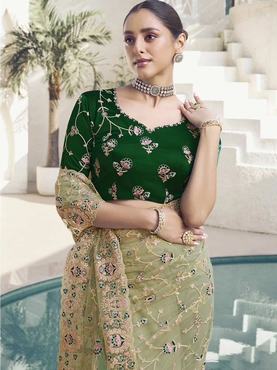 Green Paisley Polyester Saree | Traditional Designer Sarees India