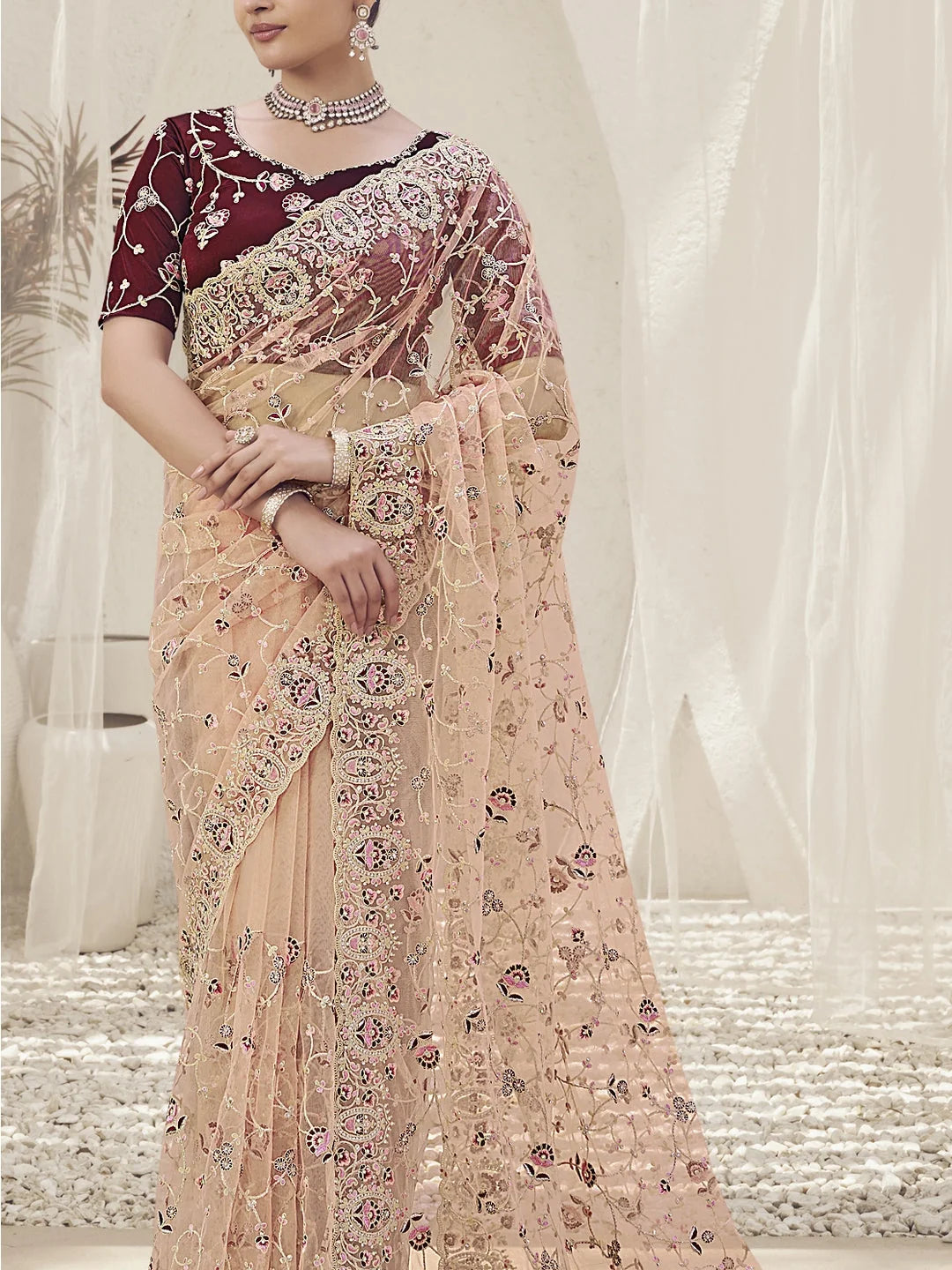 Pink Paisley Polyester Indian Sari - Designer Sarees India