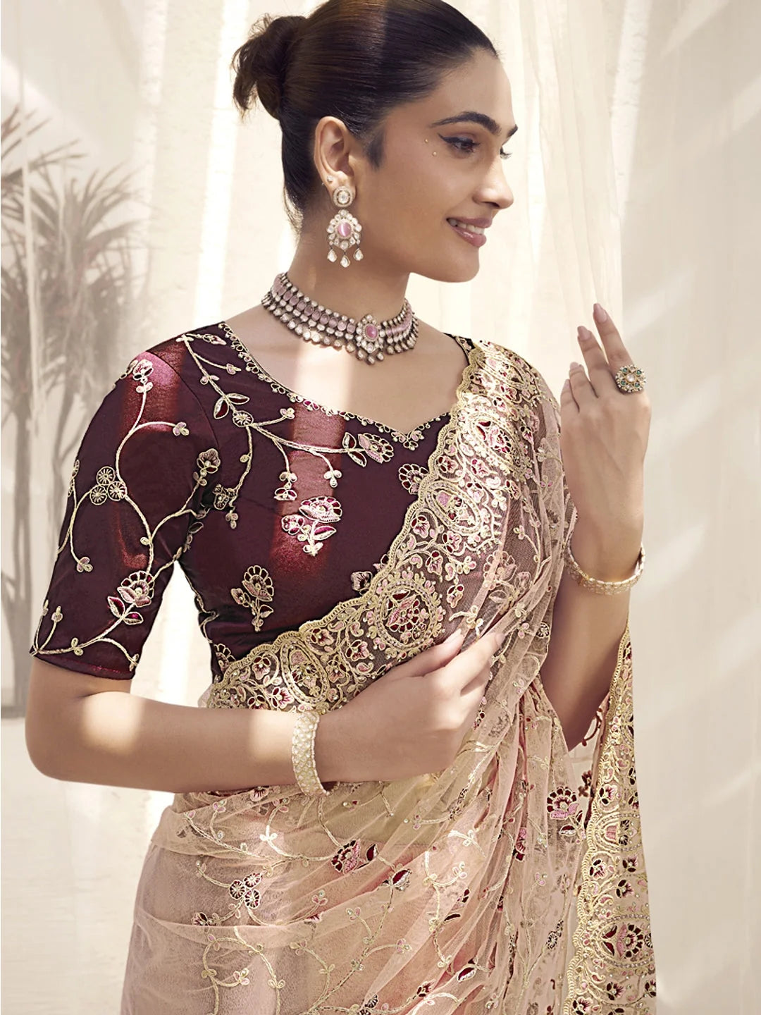 Pink Paisley Polyester Indian Sari - Designer Sarees India
