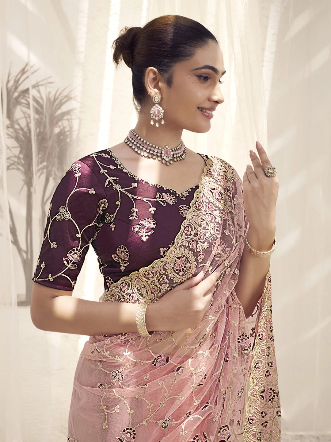 Pink Paisley Polyester Saree | Indian Sarees