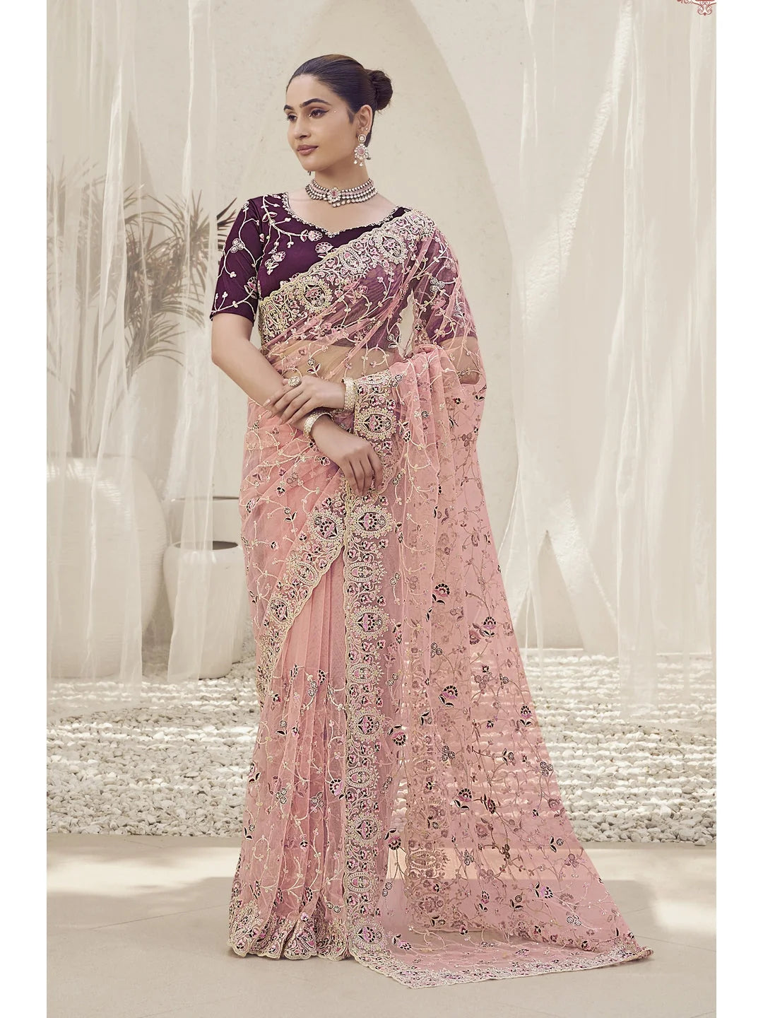 Pink Paisley Polyester Saree | Indian Sarees