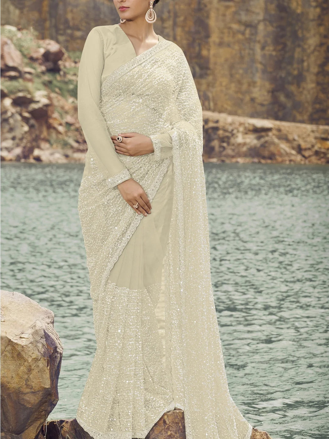 Cream Embroidered Saree | Indian Sarees for Women