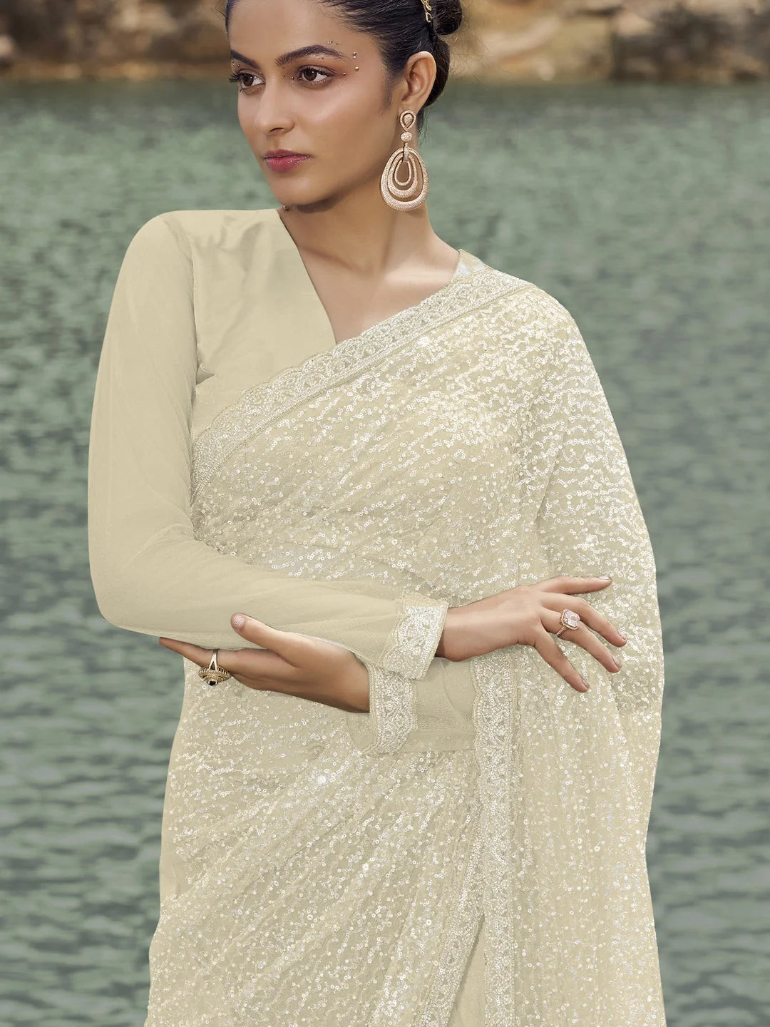 Cream Embroidered Saree | Indian Sarees for Women