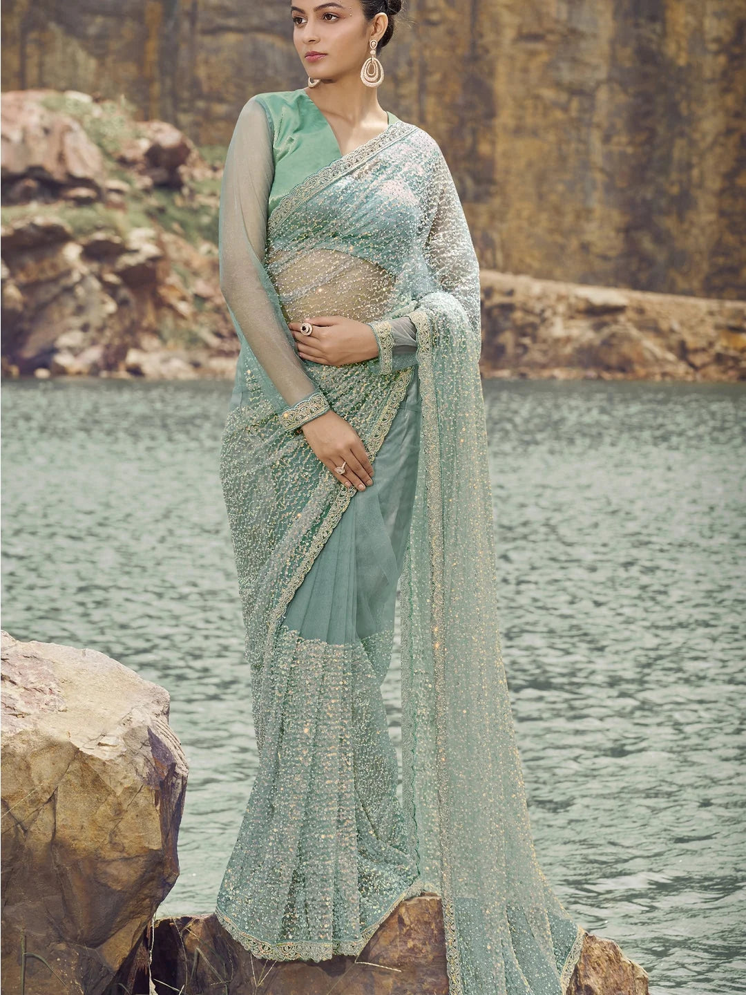 Womens Premium Fashion Ethnic Sea Green Color Saree-MLSHWSA2099SGR0ONE