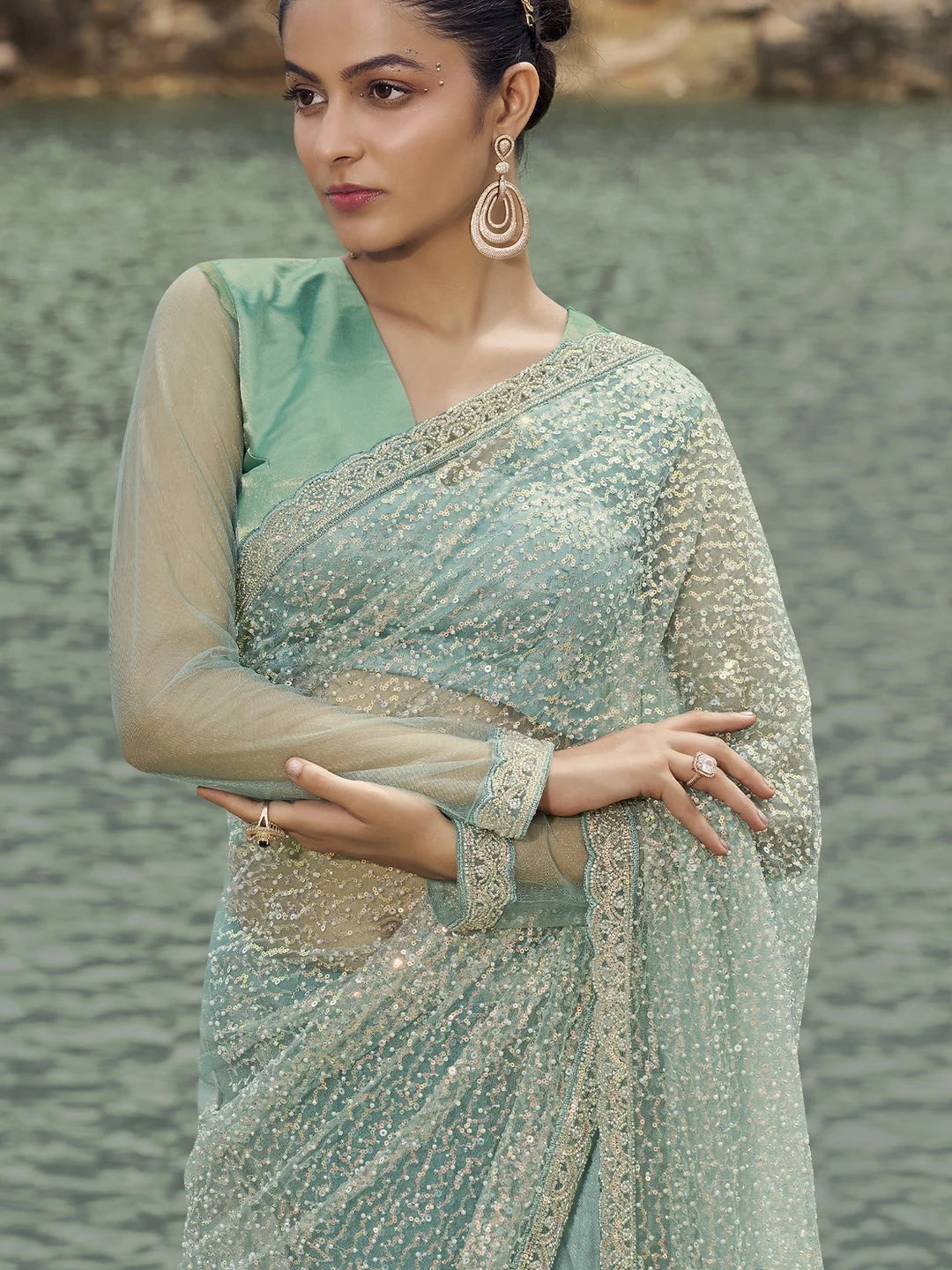 Sea Green Embroidered Indian Sari - Polyester Saree
