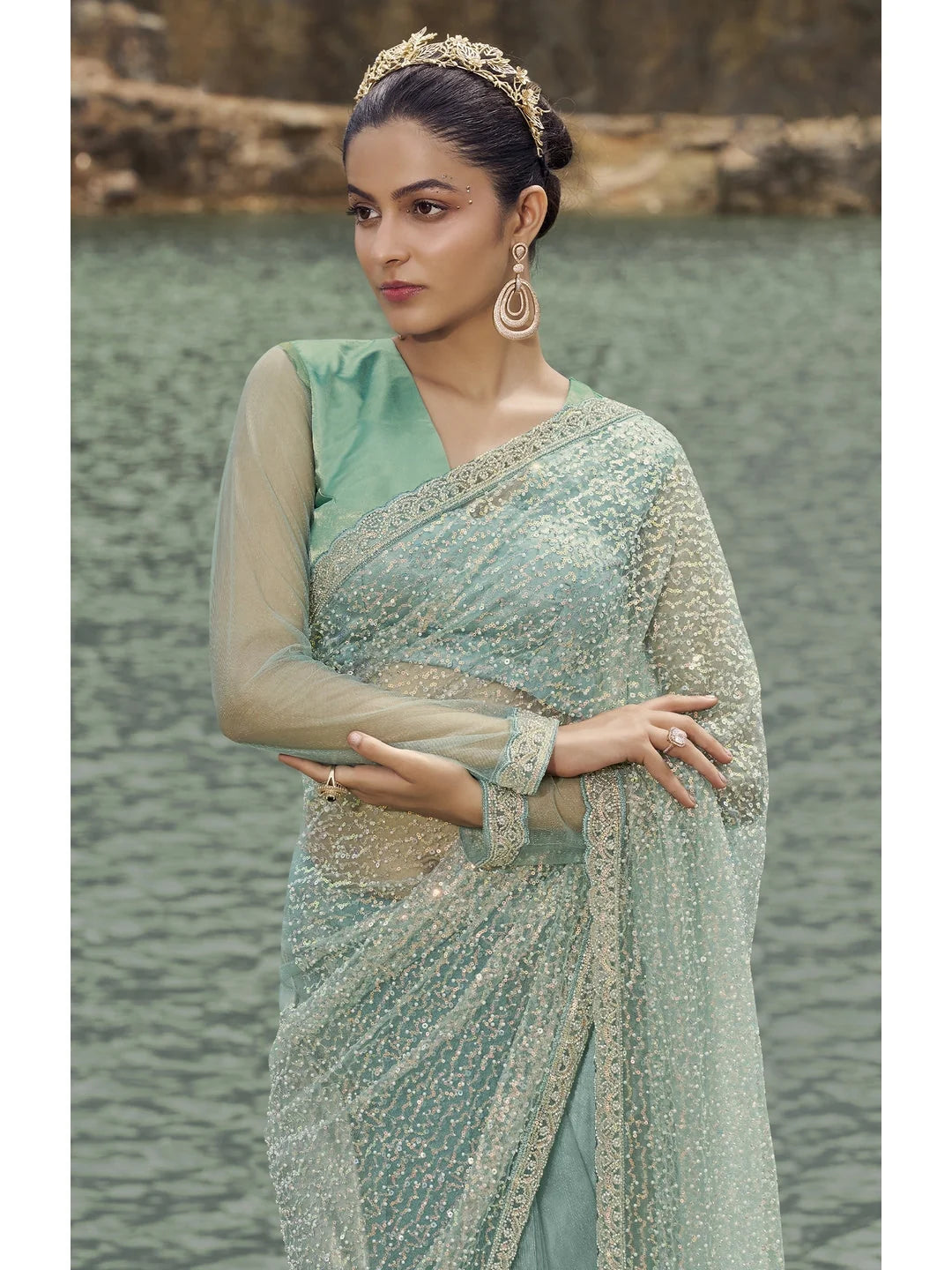 Sea Green Embroidered Indian Sari - Polyester Saree