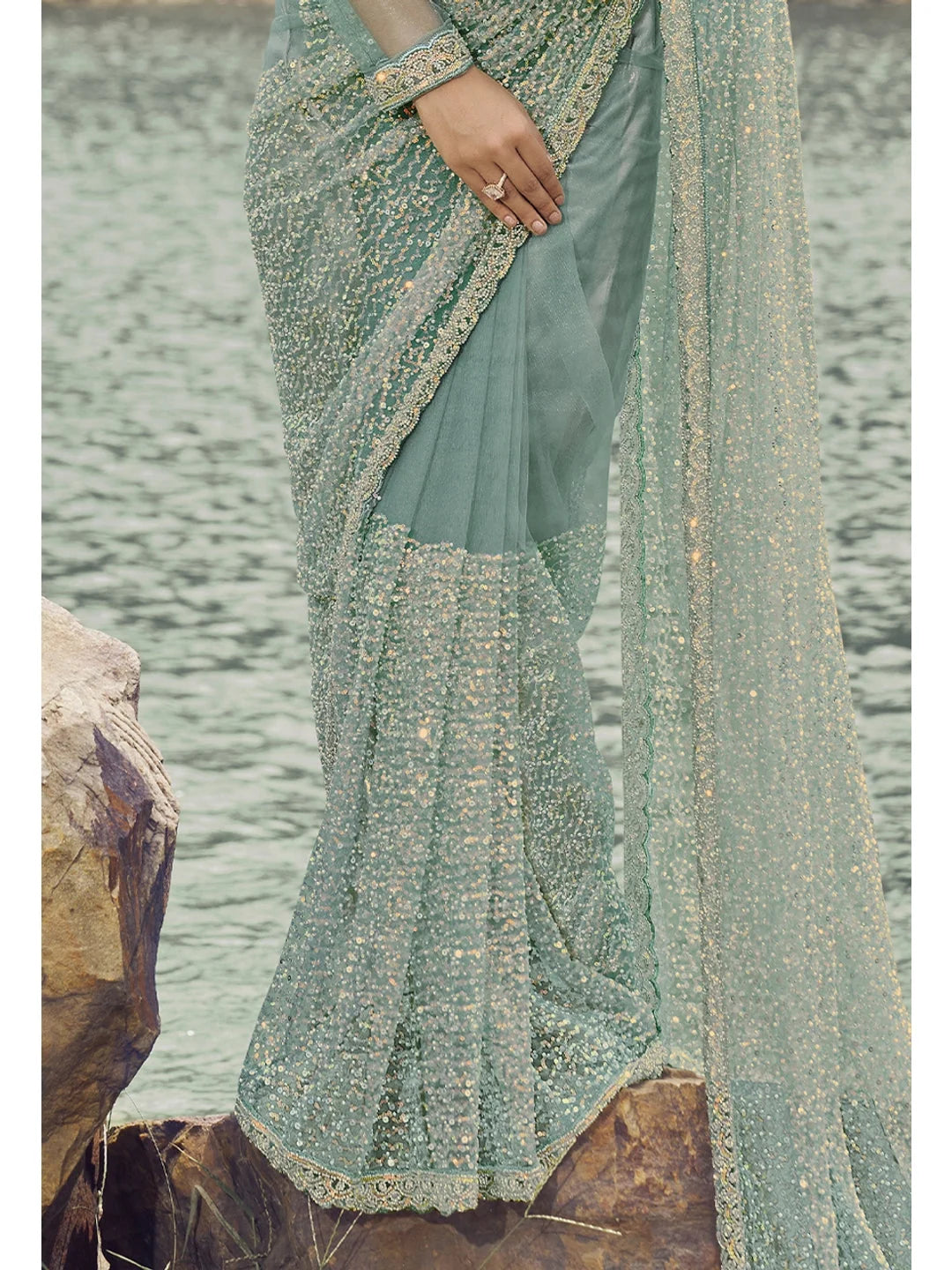 Sea Green Embroidered Indian Sari - Polyester Saree