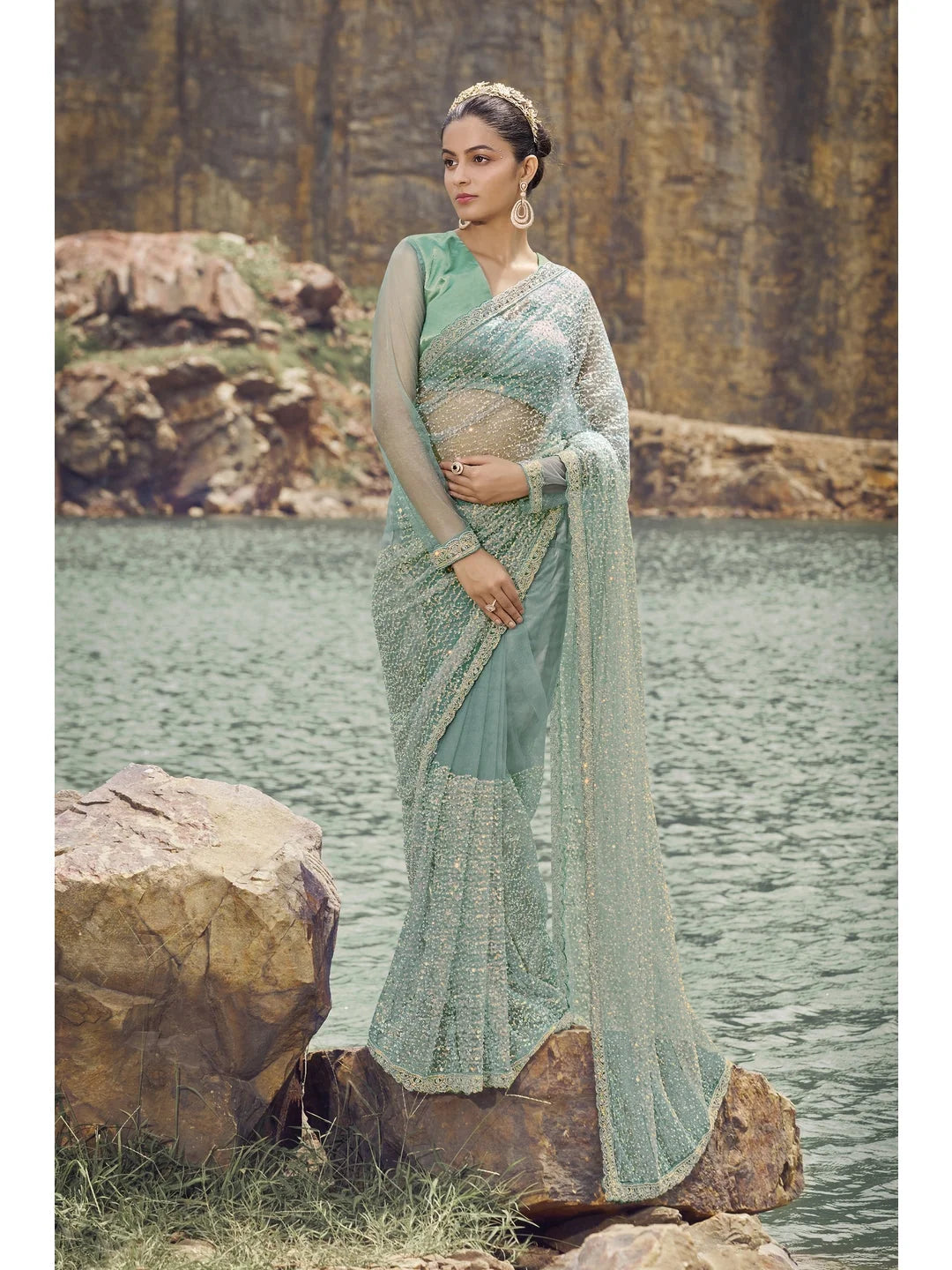 Sea Green Embroidered Indian Sari - Polyester Saree