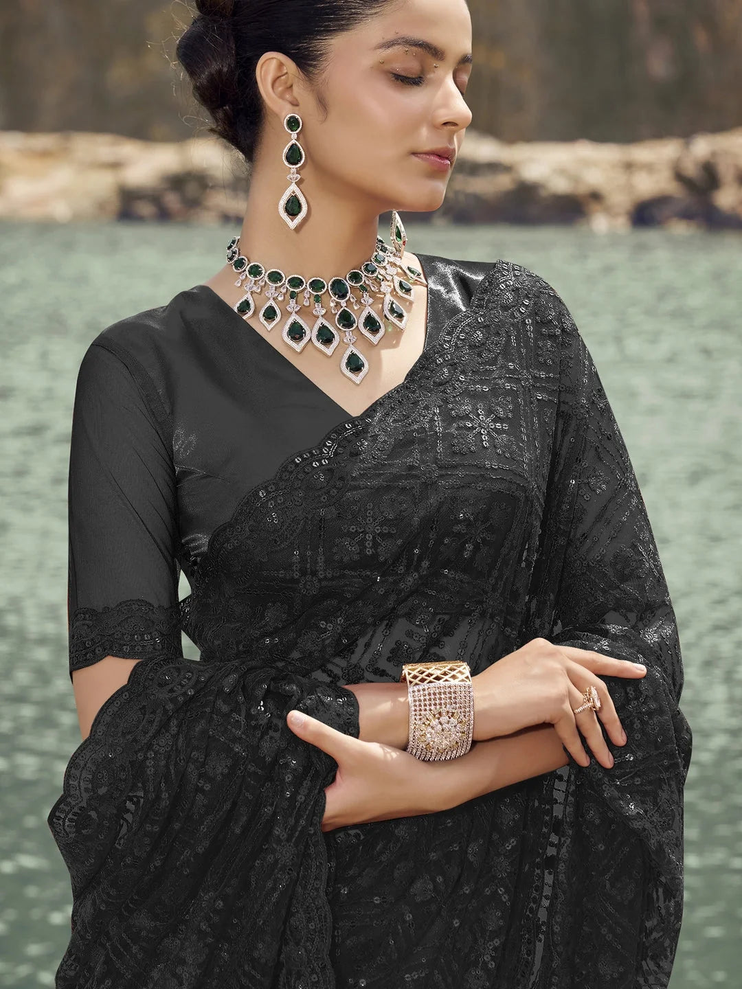 Black Paisley Polyester Saree | Designer Sarees India