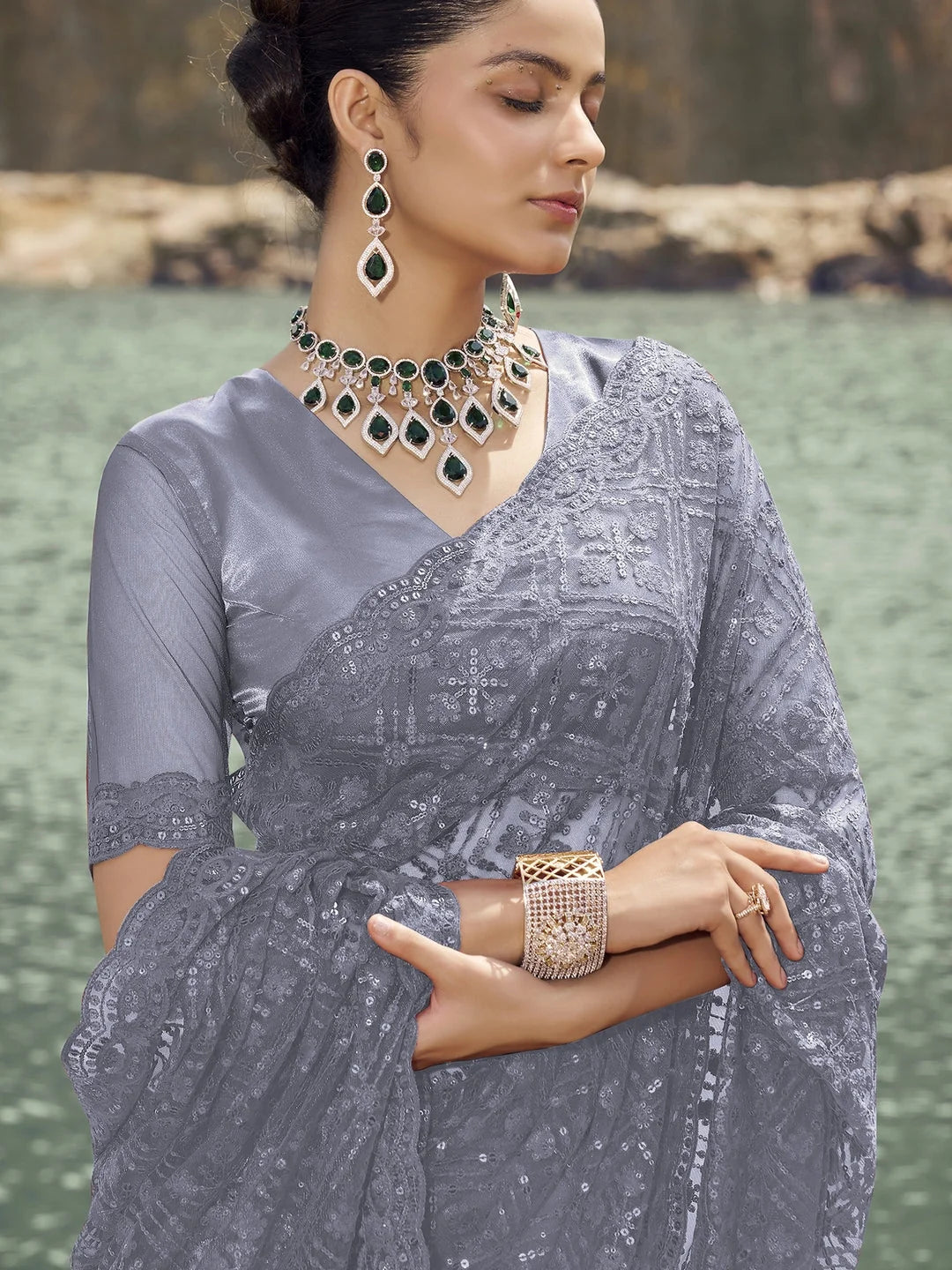 Grey Paisley Polyester Saree | Indian Sarees Online