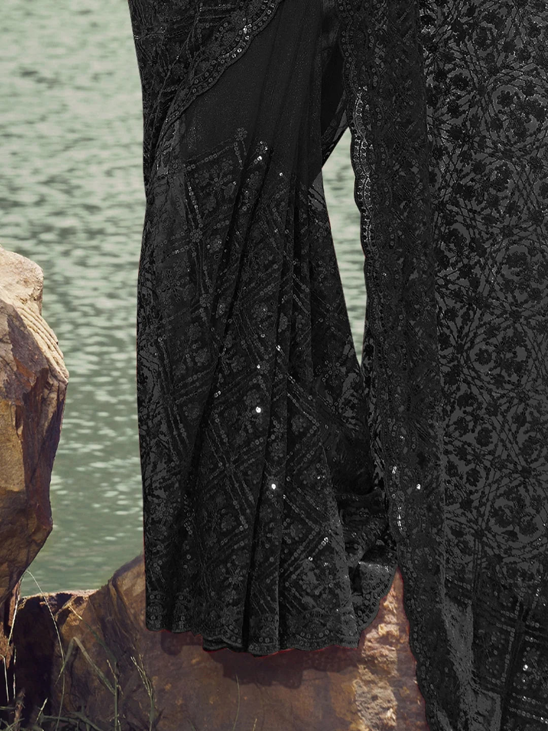 Black Paisley Polyester Saree | Designer Sarees India