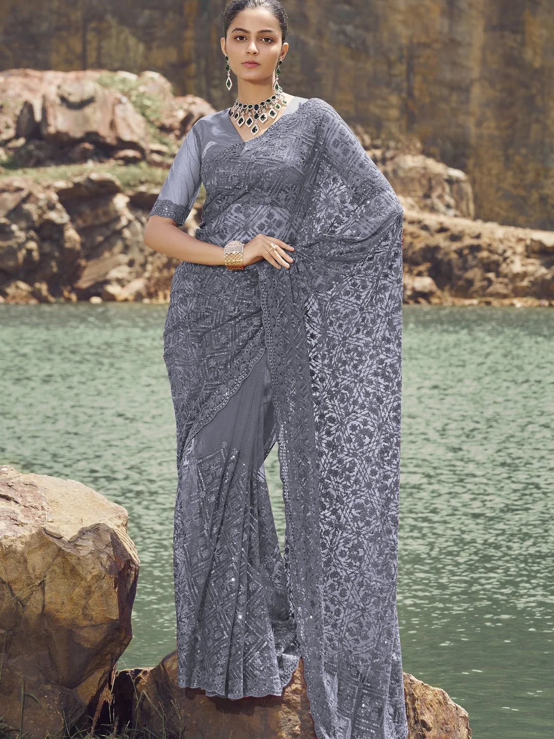 Womens Premium Fashion Ethnic Grey Color Saree-MLSHWSA2094GRY0ONE