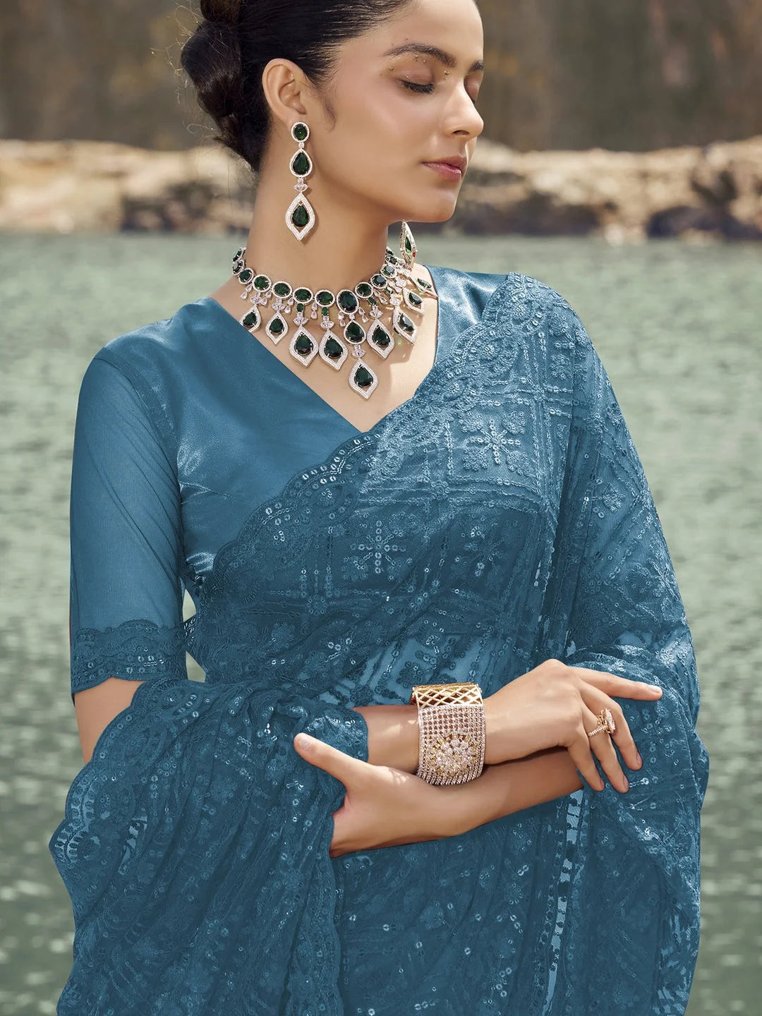 Blue Paisley Polyester Saree | Indian Sari Elegance