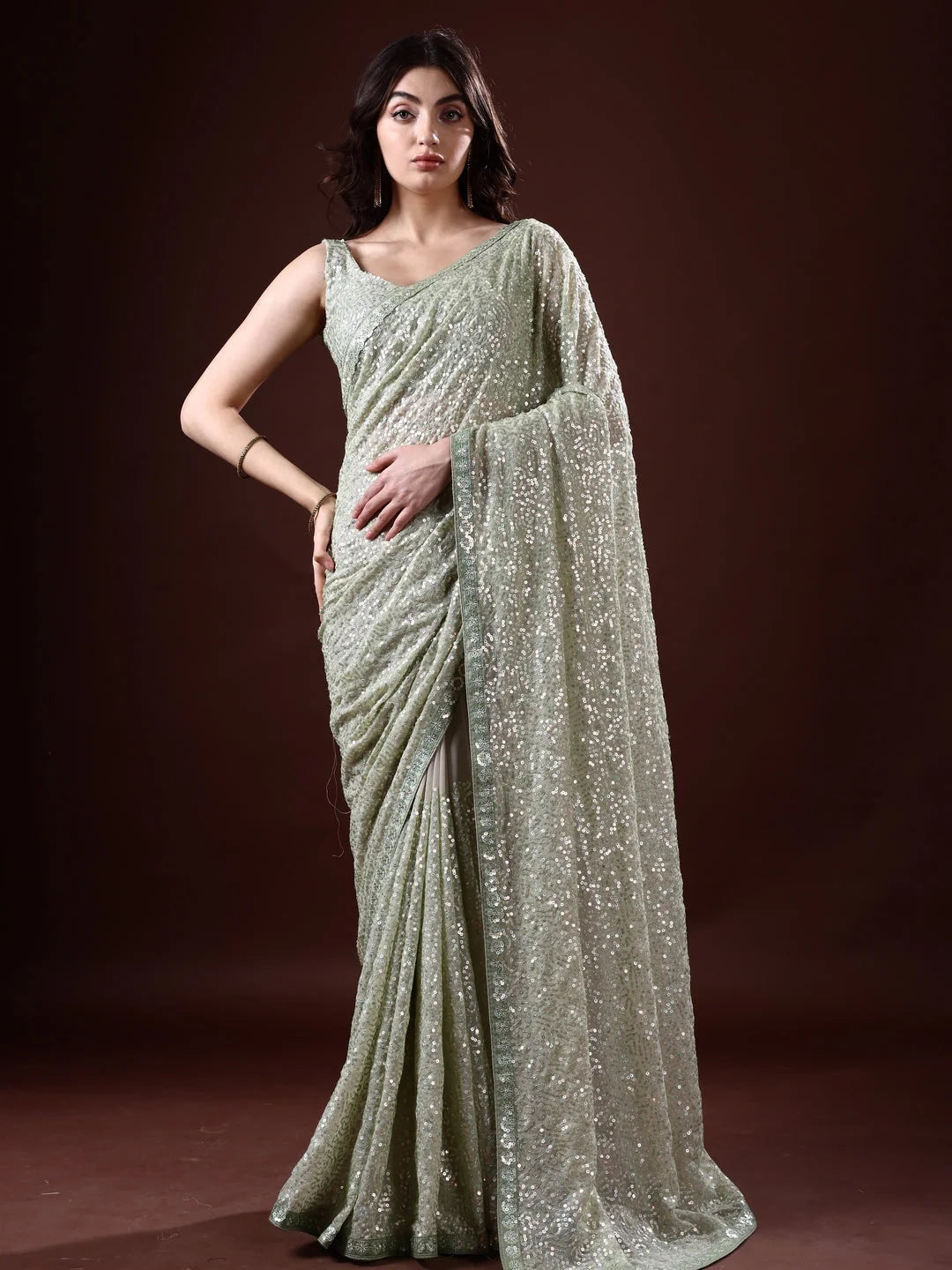 Green Paisley Polyester Saree | Indian Sari Elegance