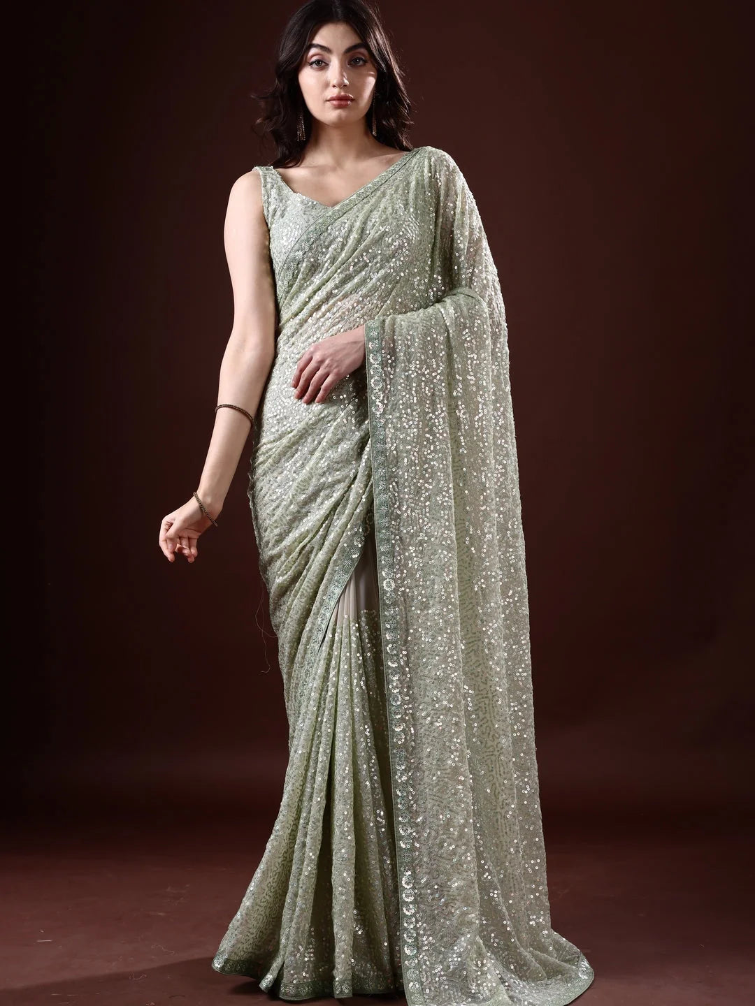 Green Paisley Polyester Saree | Indian Sari Elegance