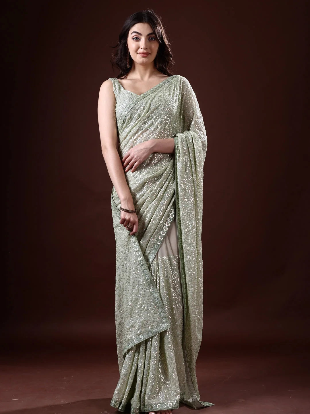 Green Paisley Polyester Saree | Indian Sari Elegance