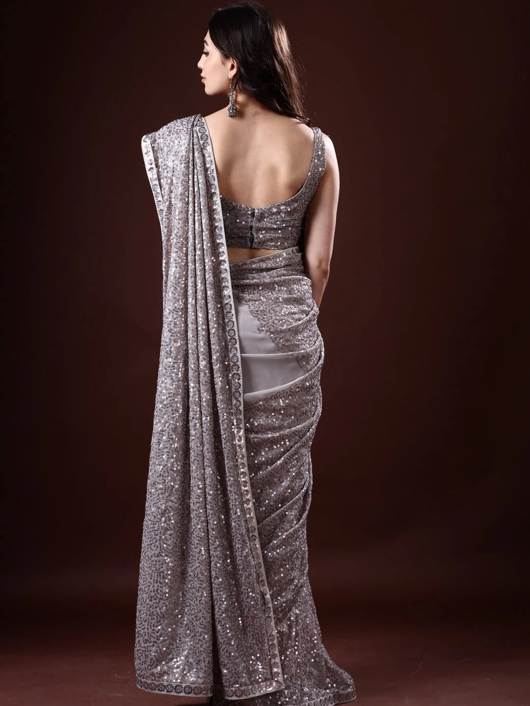 Grey Paisley Polyester Saree | Indian Sari Collection