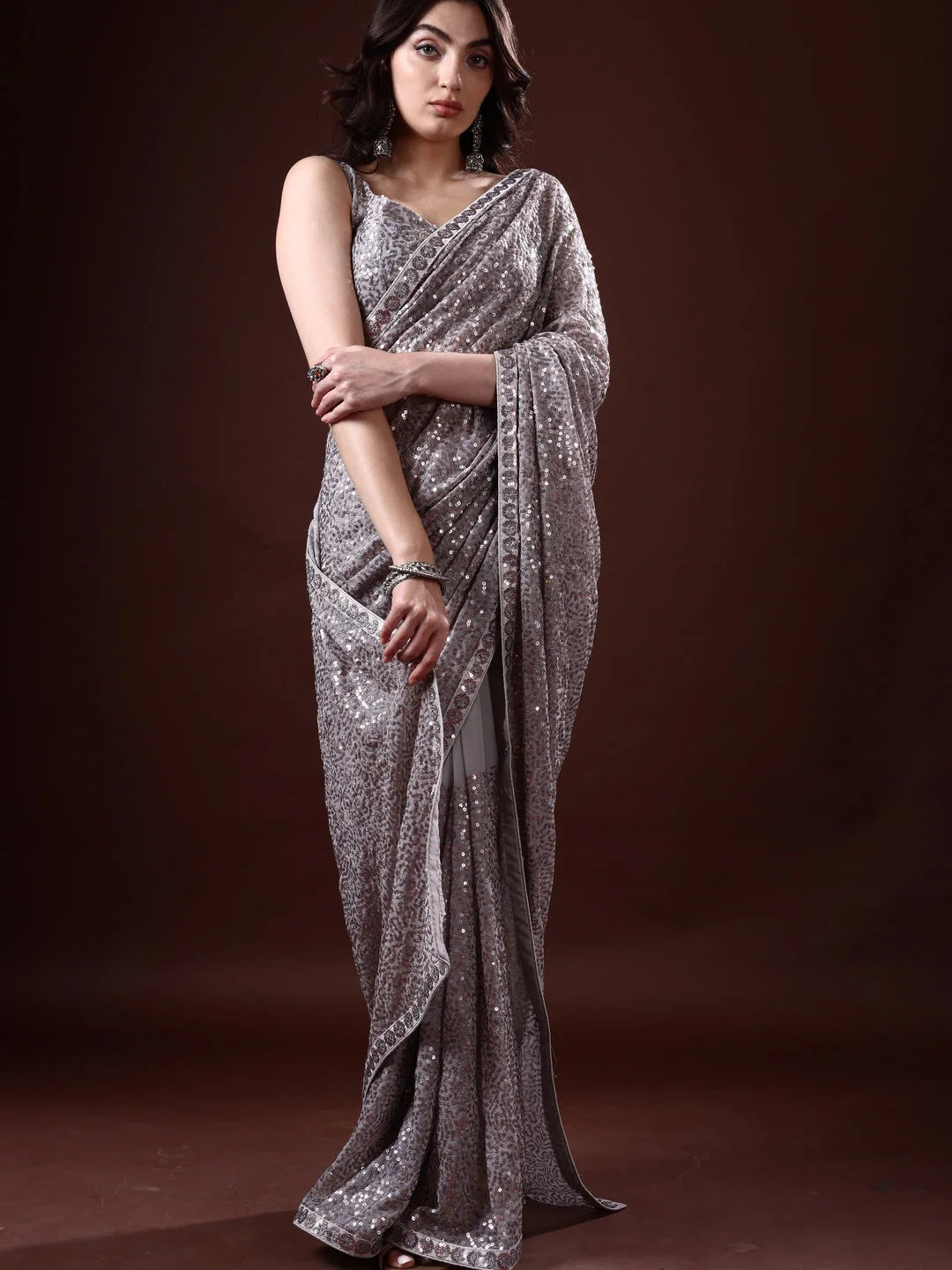 Grey Paisley Polyester Saree | Indian Sari Collection