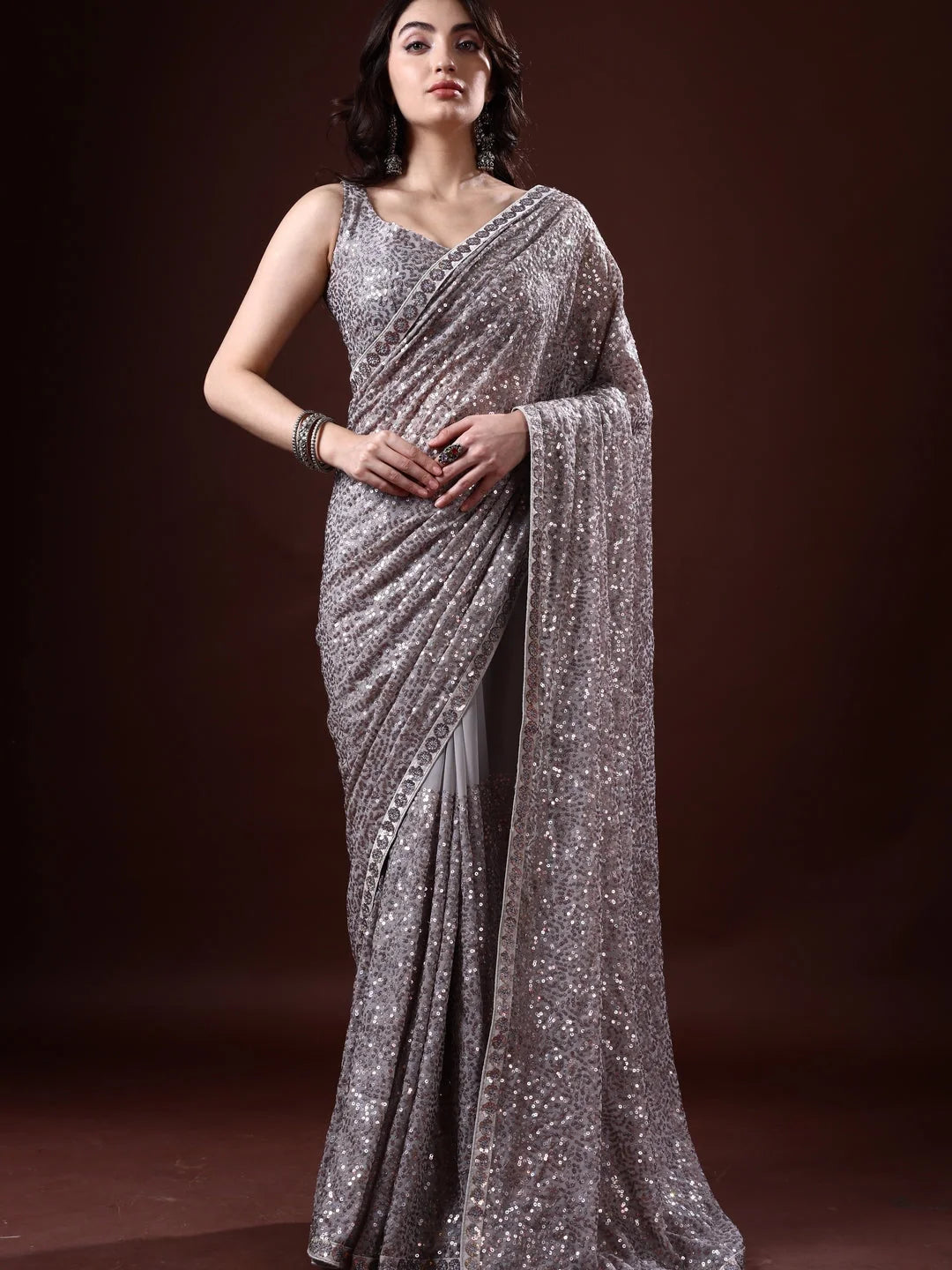 Grey Paisley Polyester Saree | Indian Sari Collection
