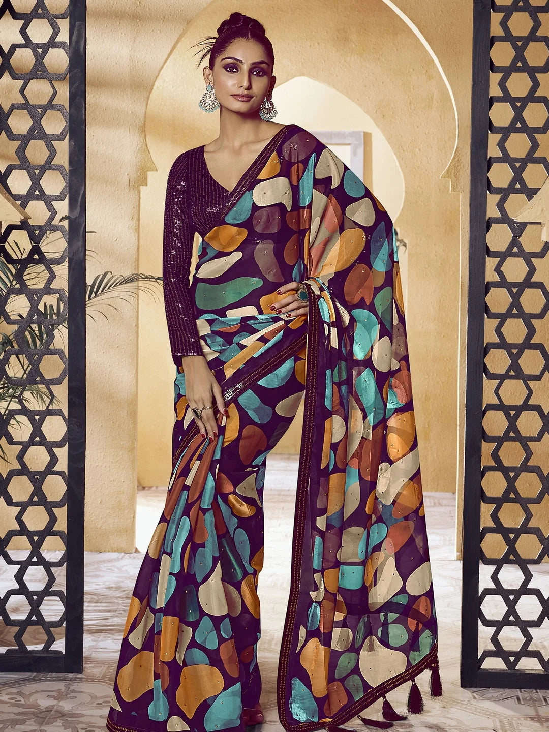 Multi Color PolySatin Indian Sari - Designer Sarees India