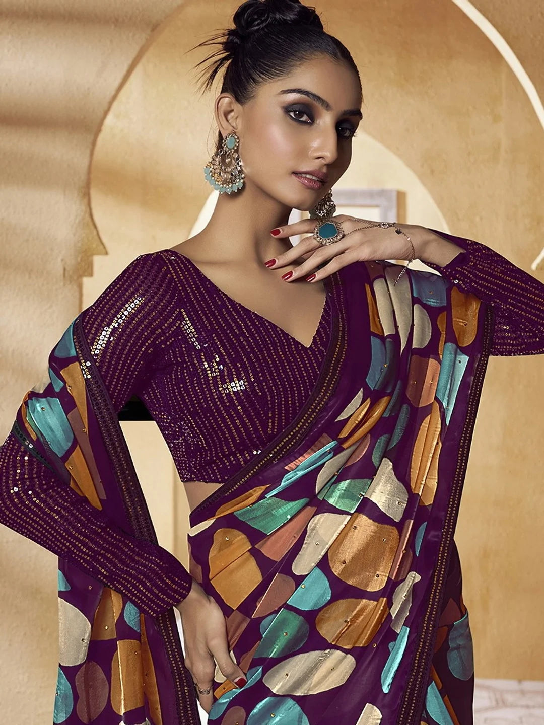 Multi Color PolySatin Indian Sari - Designer Sarees India