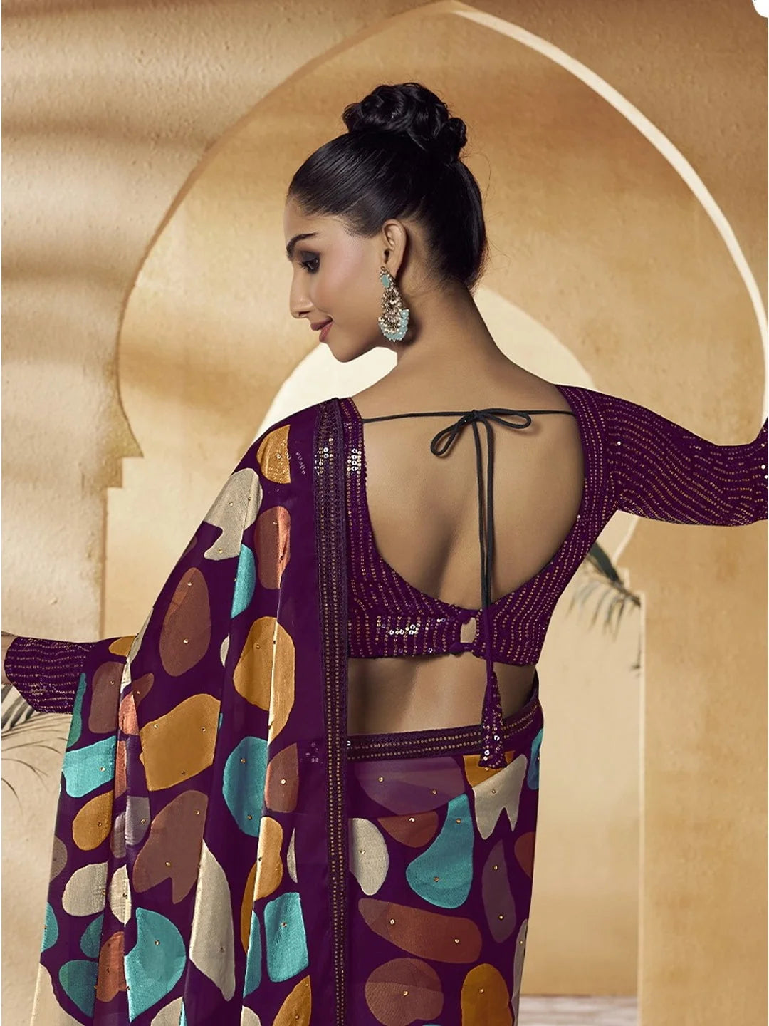 Multi Color PolySatin Indian Sari - Designer Sarees India