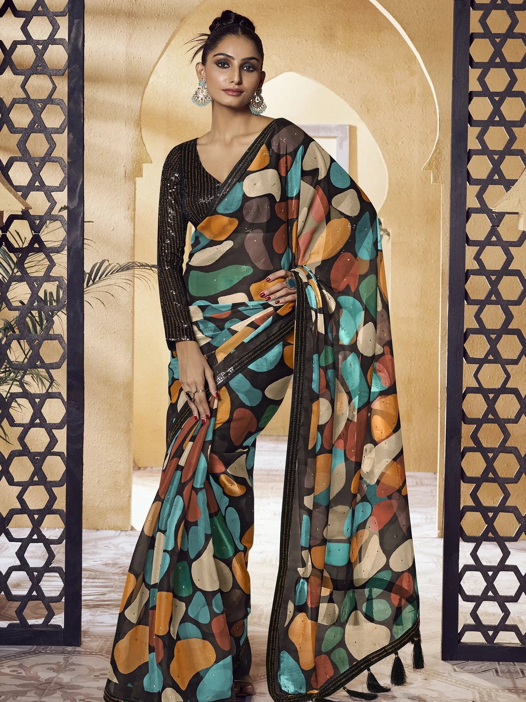 Multi Color PolySatin Saree | Designer Sarees India