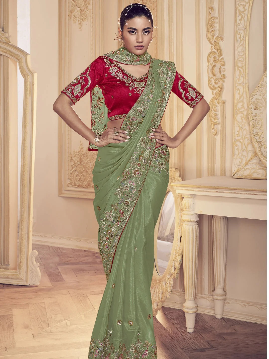 Khaki Paisley Polyester Saree | Indian Sarees