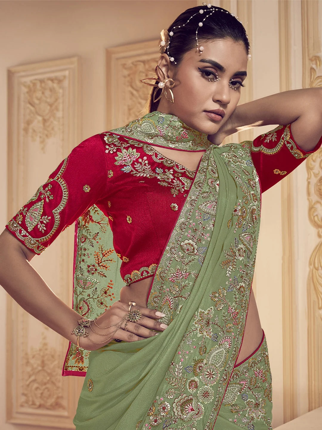 Khaki Paisley Polyester Saree | Indian Sarees