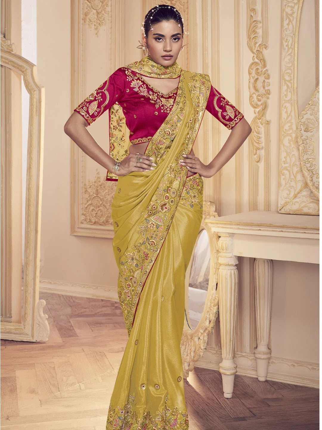 Yellow Paisley Polyester Saree | Indian Wedding Sarees