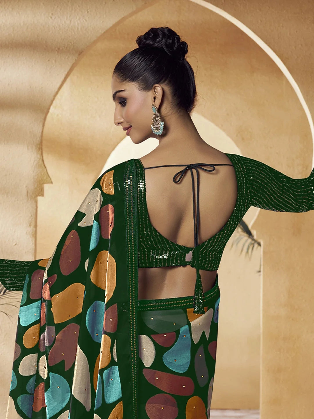 Multi Color PolySatin Indian Sari | Kanchipuram Inspired