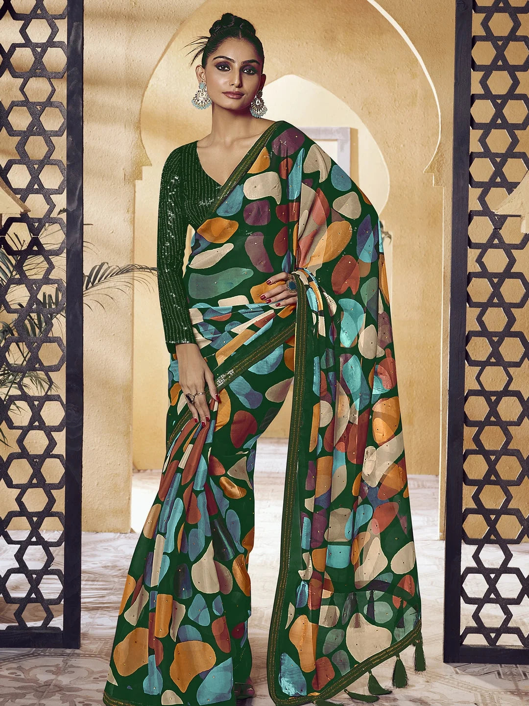 Multi Color PolySatin Indian Sari | Kanchipuram Inspired