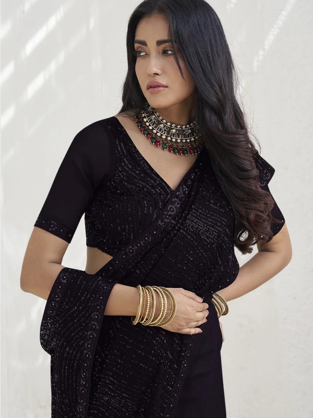 Black Paisley Polyester Saree | Modern Designer Sarees India