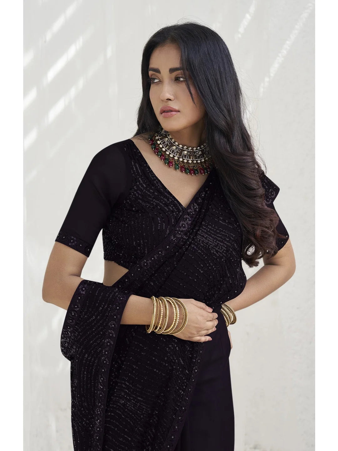 Black Paisley Polyester Saree | Modern Designer Sarees India