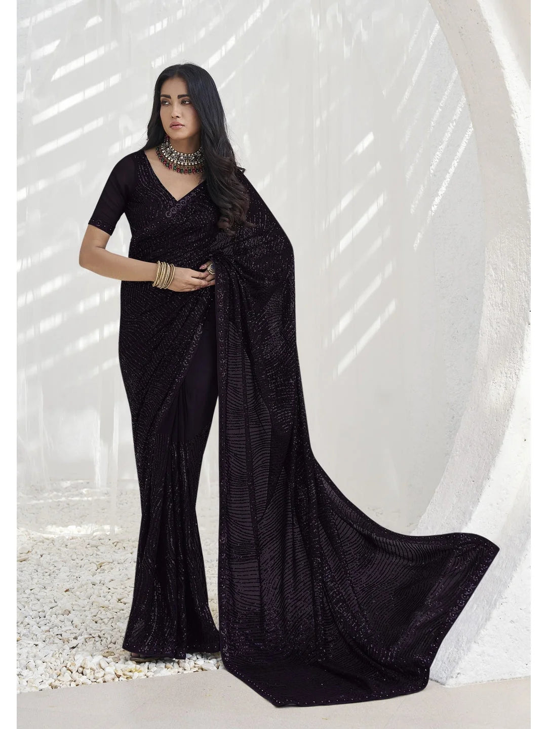 Black Paisley Polyester Saree | Modern Designer Sarees India