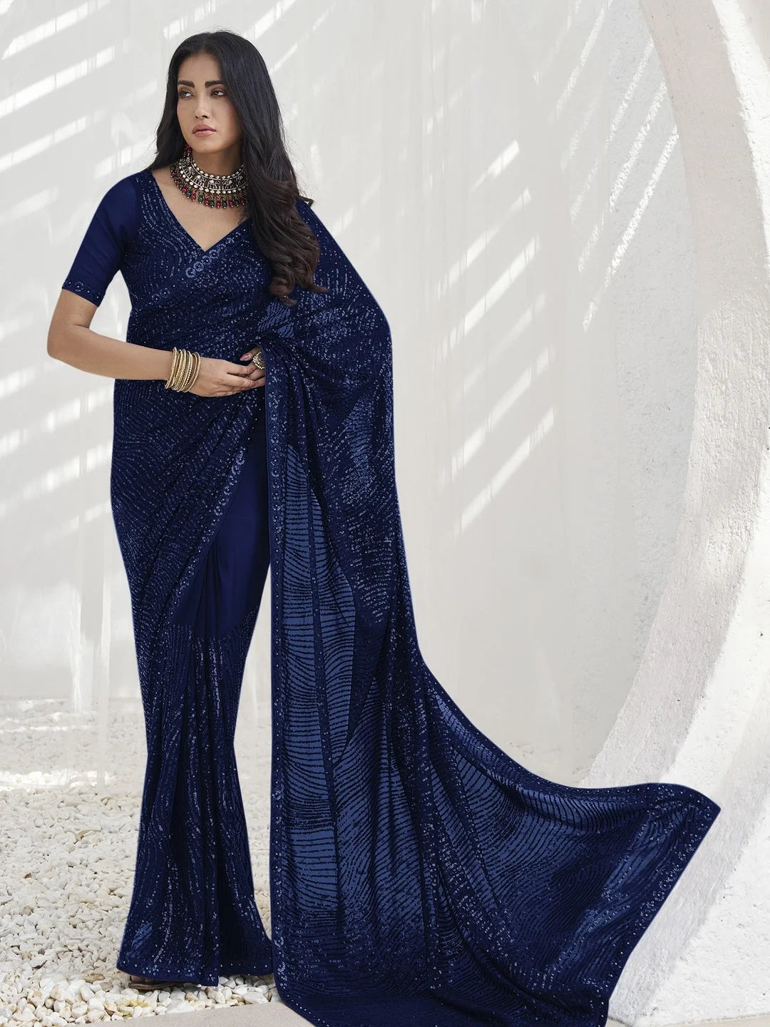 Blue Paisley Polyester Saree | Designer Sarees India