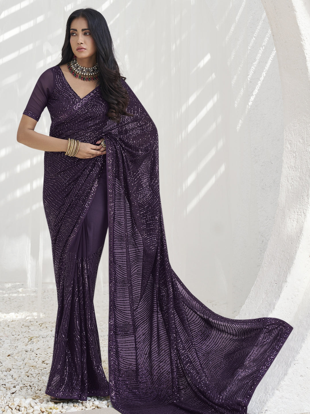 Purple Paisley Polyester Saree | Stylish Indian Wedding Sarees