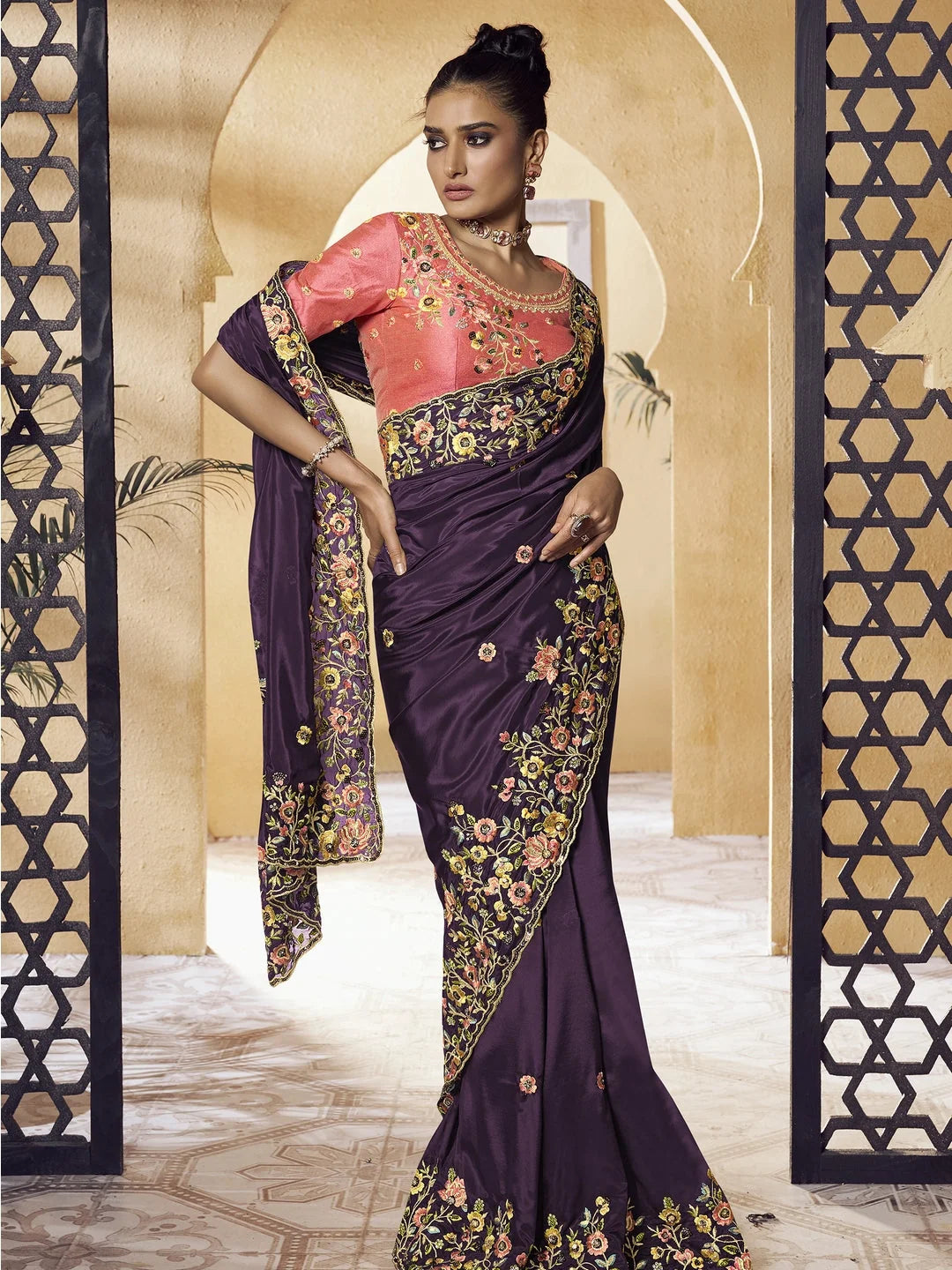 Purple Paisley Polyester Saree | Trendy Designer Sarees India