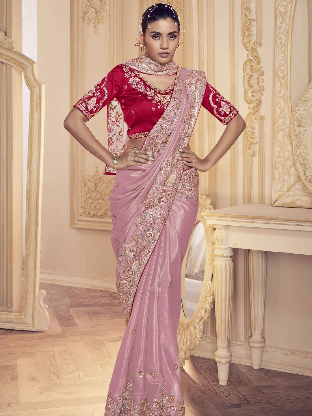 Pink Paisley Polyester Saree | Designer Sarees India