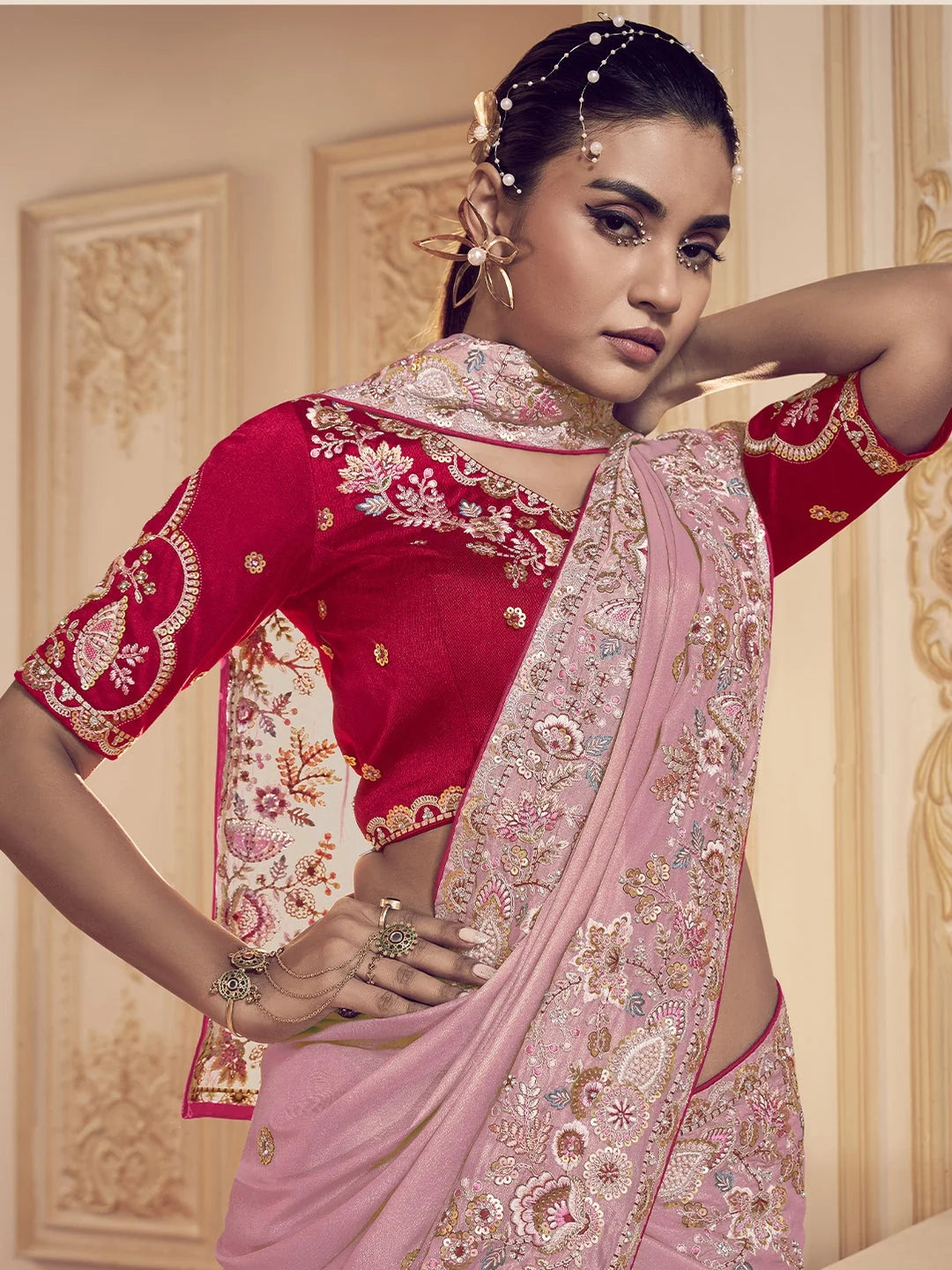 Pink Paisley Polyester Saree | Designer Sarees India