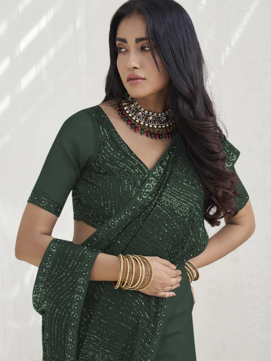 Green Paisley Polyester Saree | Indian Sari Style