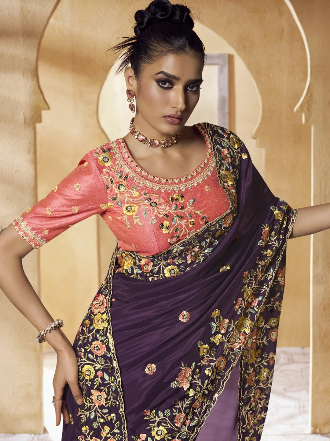 Purple Paisley Polyester Saree | Trendy Designer Sarees India
