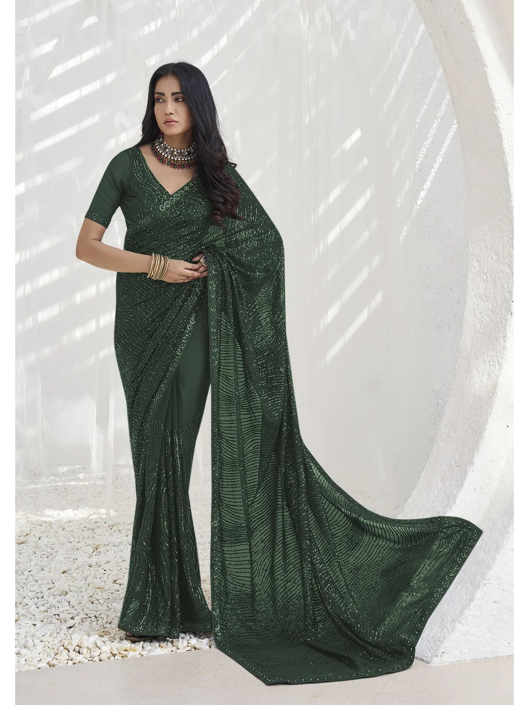 Green Paisley Polyester Saree | Indian Sari Style