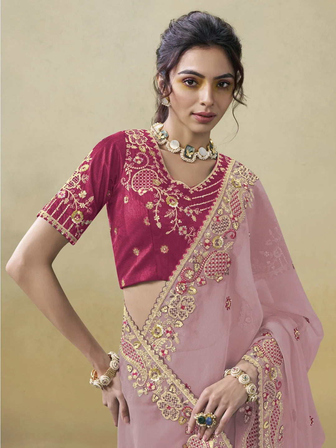 Pink Paisley Polyester Saree | Classic Designer Sarees India